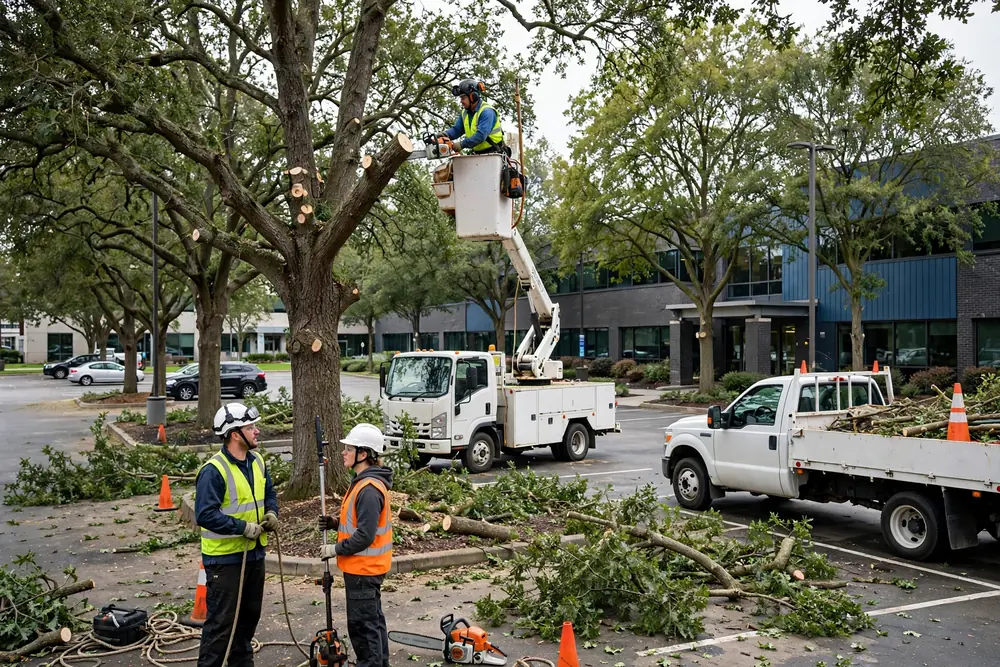 Tree crew trimming trees at a commercial property