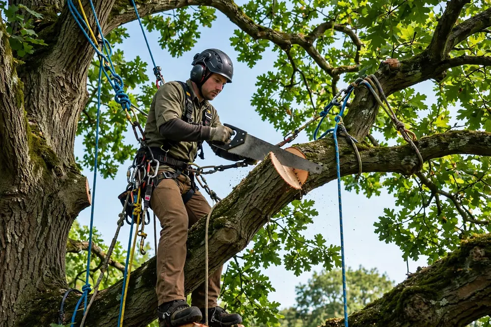 Arborist climbing high in an oak tree with ropes and harness