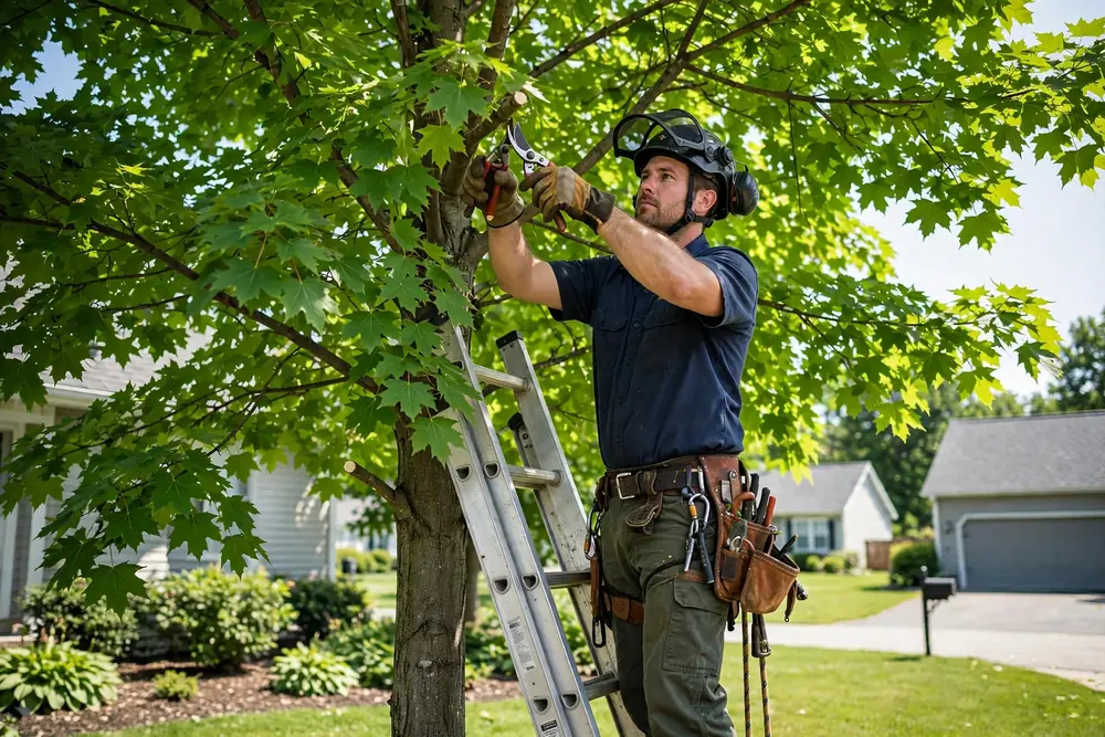 Arborist pruning a maple tree from a ladder