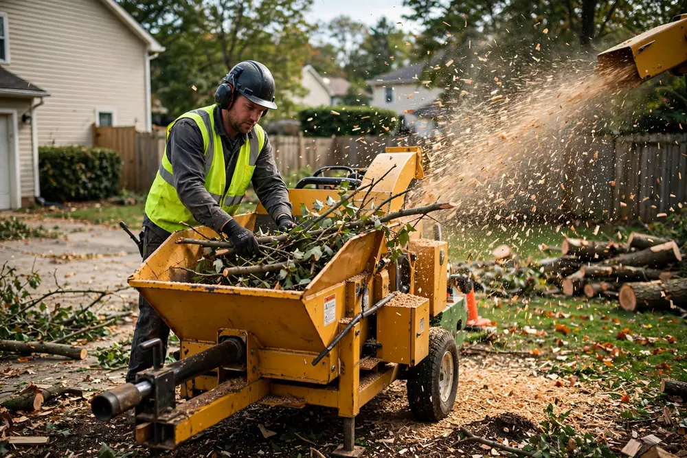 Worker feeding branches into a wood chipper